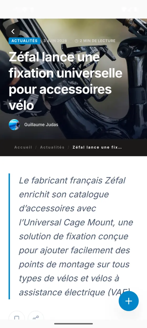 Un article dans l'app 3Bikes sur Android