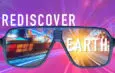 Texte REDISCOVER en haut. Des lunettes affichent des paysages urbains dynamiques et le mot EARTH.