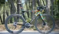 Vélo Giant Propel Advanced SL 1 Disc noir avec décorations multicolores sur le cadre dans un bois.