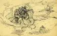 Dessin satirique ancien de deux cyclistes sur un tandem traversant un paysage vallonné, l'un tenant une carte.