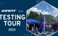 Affiche Giant Store Testing Tour 2024 avec des tentes et des vélos en extérieur.