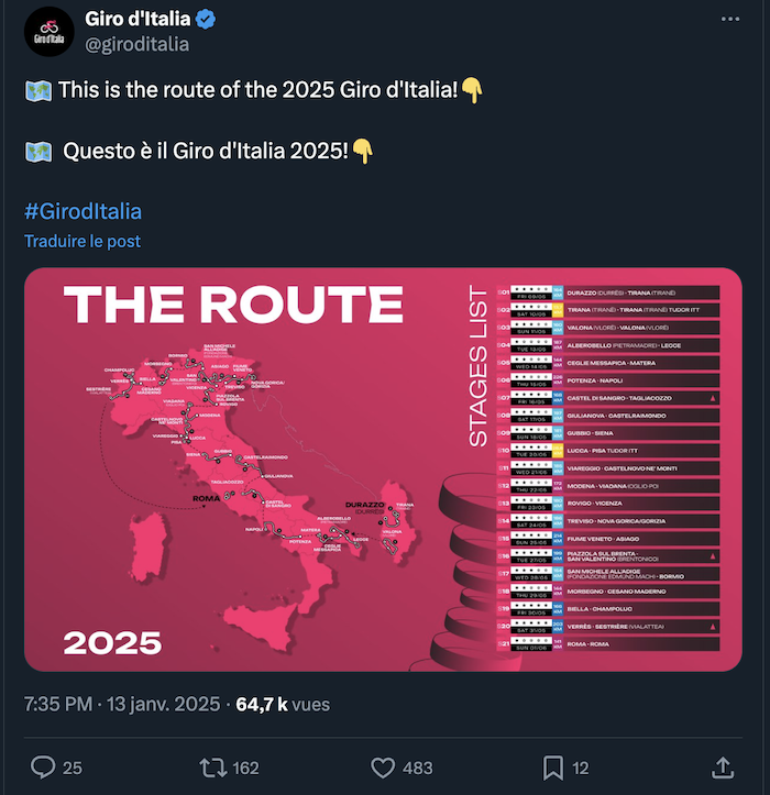 Giro 2025 salida de Albania, paso por Eslovenia, routes vinos blancos en Toscana y un regreso
