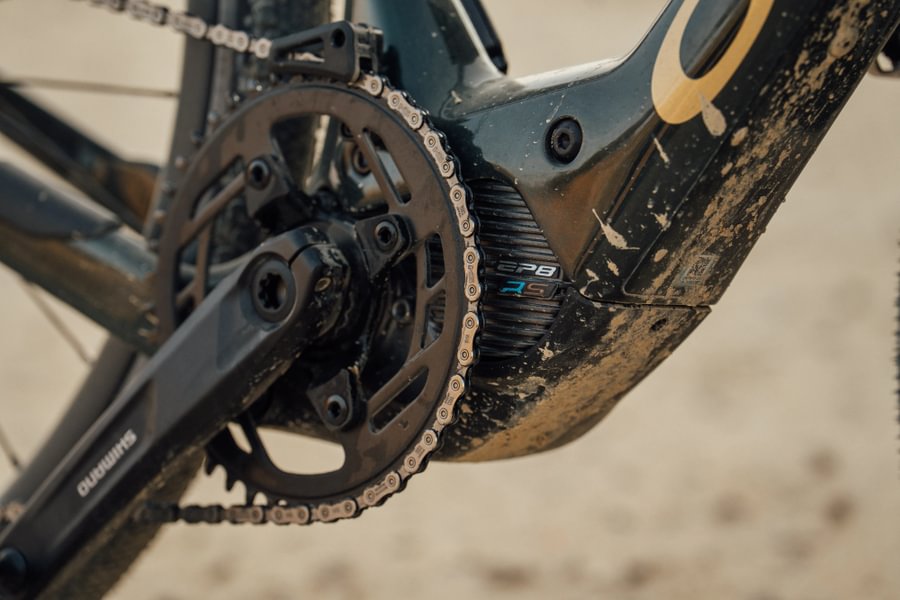 Close-up of the crankset of an electric bike