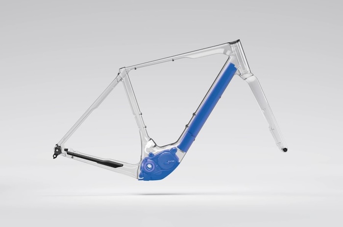 Transparent view of the integration of the Shimano EP8 motor and battery into the carbon frame of the Orbea Denna
