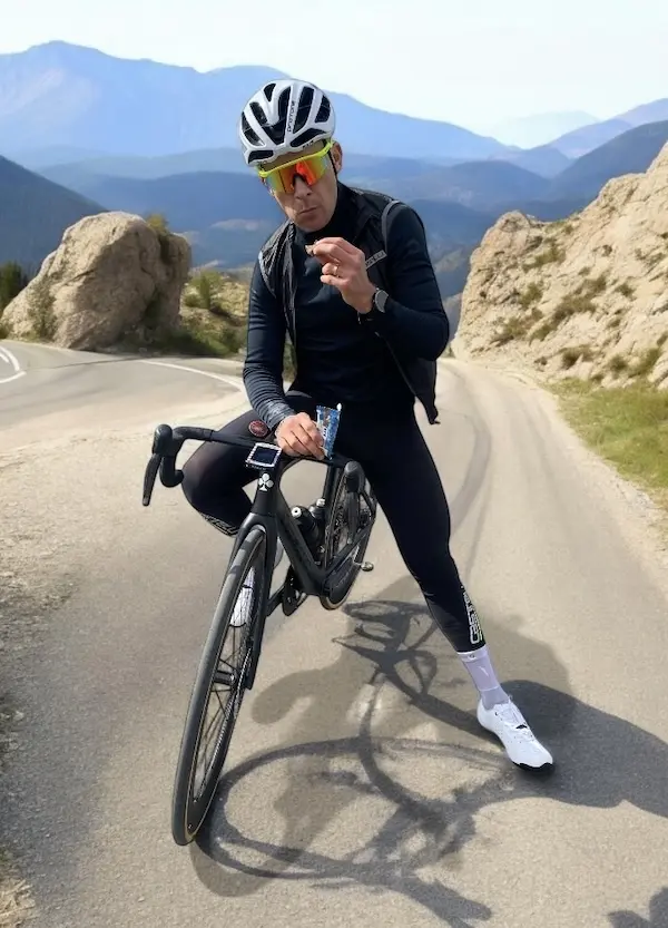 Cycliste en pause qui consomme une barre énergétique