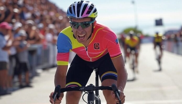 Cyclist sprinting before the finish line of a competition