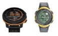 Deux montres Suunto : un modèle noir et orange à gauche et une Suunto Vector jaune et grise à droite.