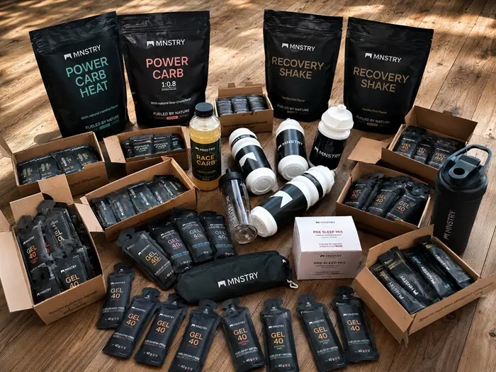 Stock de produits de nutrition sportive MNSTRY prévu pour environ deux mois de tests, avec gels, boissons, barres, chews et autres produits d’effort destinés à un cycliste s’entraînant entre 15 et 20 heures par semaine.
