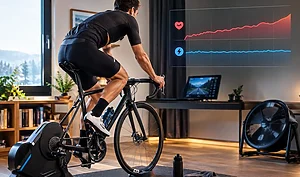 Cycliste qui pédale sur un home-trainer