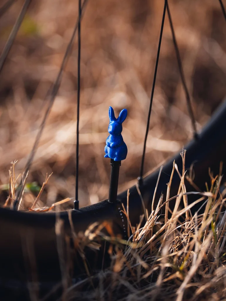 Bouchon de valve bleu en forme de lapin imprimé en 3D sur une roue de l’Ateliers Gonnel Embrun d’Émeline Parizel.