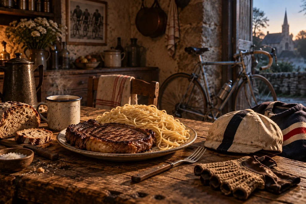 Petit-déjeuner de cycliste des années 1970 dans une cuisine rustique : grosse entrecôte, importante portion de pâtes, café, pain et accessoires de vélo ancien, illustration des habitudes alimentaires d’avant-course de l’époque.