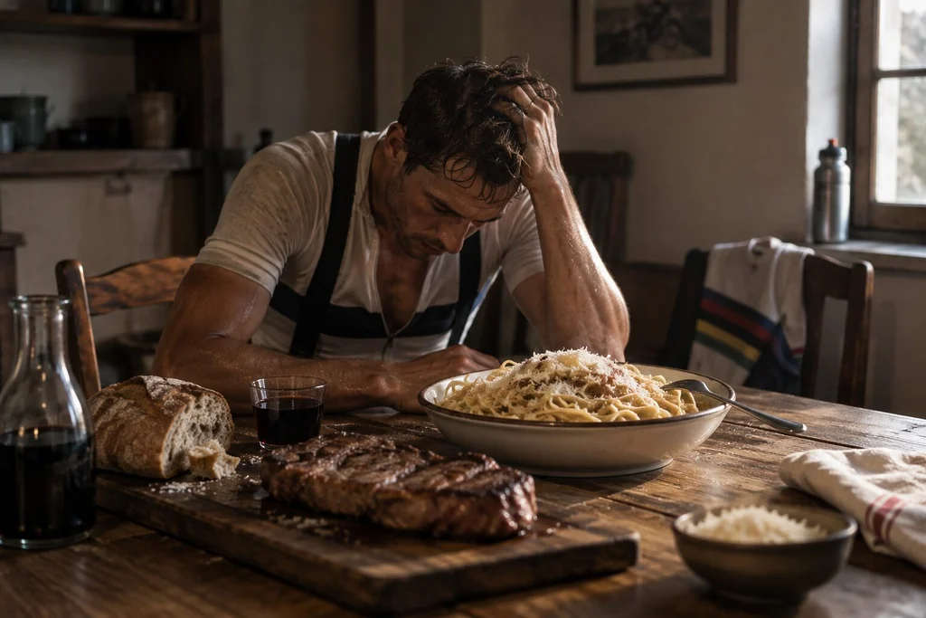 Cycliste épuisé assis devant une grande assiette de pâtes et un repas copieux après un effort intense, illustration du principe ancien consistant à vider les réserves de glycogène avant de les reconstituer massivement.