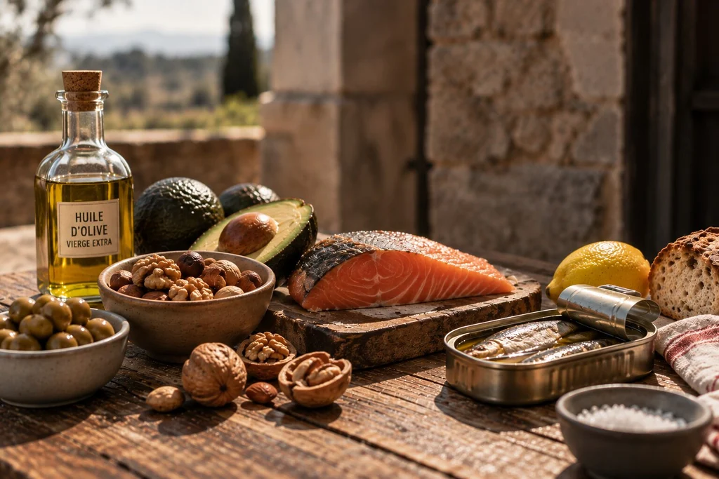 Huile d’olive, avocat, noix, olives, saumon et sardines disposés sur une table en bois, illustration du retour progressif des bonnes graisses dans l’alimentation sportive à partir des années 2010.