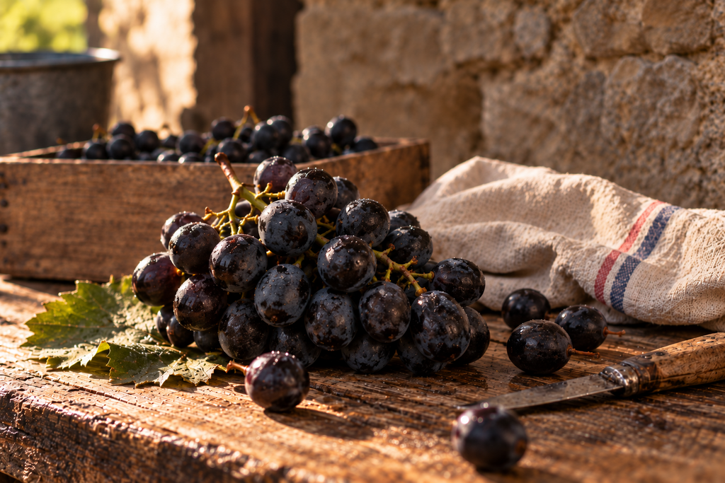 Grappe de raisin noir posée sur une table rustique en bois, dans une ambiance de campagne, illustration des anciennes croyances alimentaires du cyclisme autour des cures de fruits et du “nettoyage” de l’organisme.