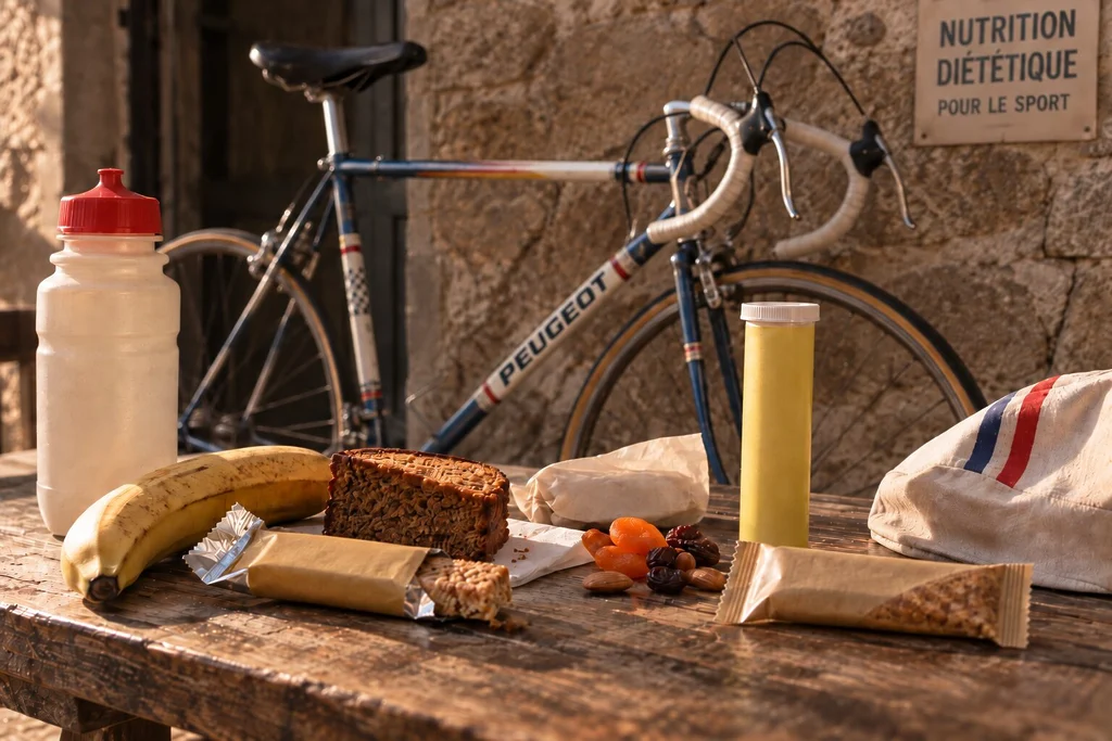 Vélo de course en acier typique des années 1980 avec câbles de frein sortant des leviers, accompagné d’un bidon, d’une banane, de pain d’épices, de fruits secs et des premières barres et boissons énergétiques spécialisées, illustration de la transition progressive vers la nutrition sportive moderne.