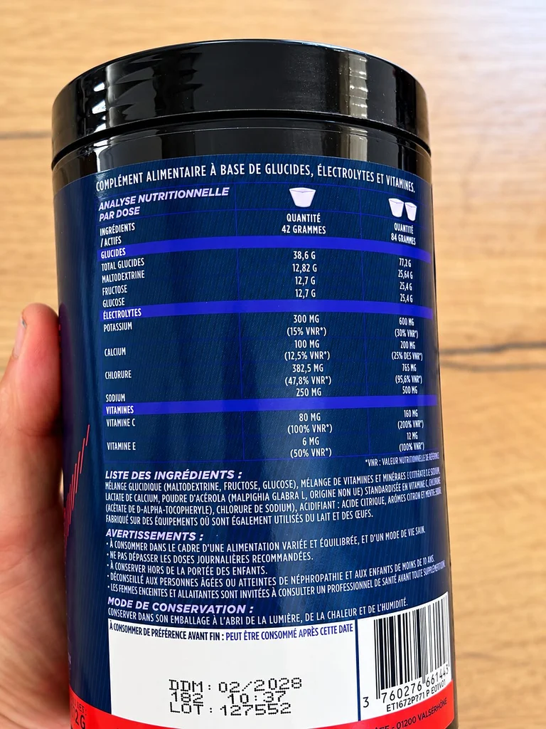 Composition nutritionnelle de la boisson Runfinity Isotonique avec glucides, électrolytes, sodium et potassium