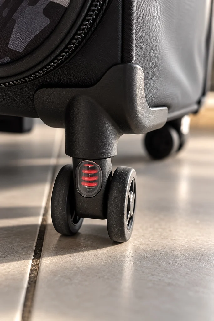 Gros plan sur l’une des roulettes doubles pivotantes de la Scicon Luggage 80L 4WD et son mécanisme visible. Détail du système roulant de la valise.