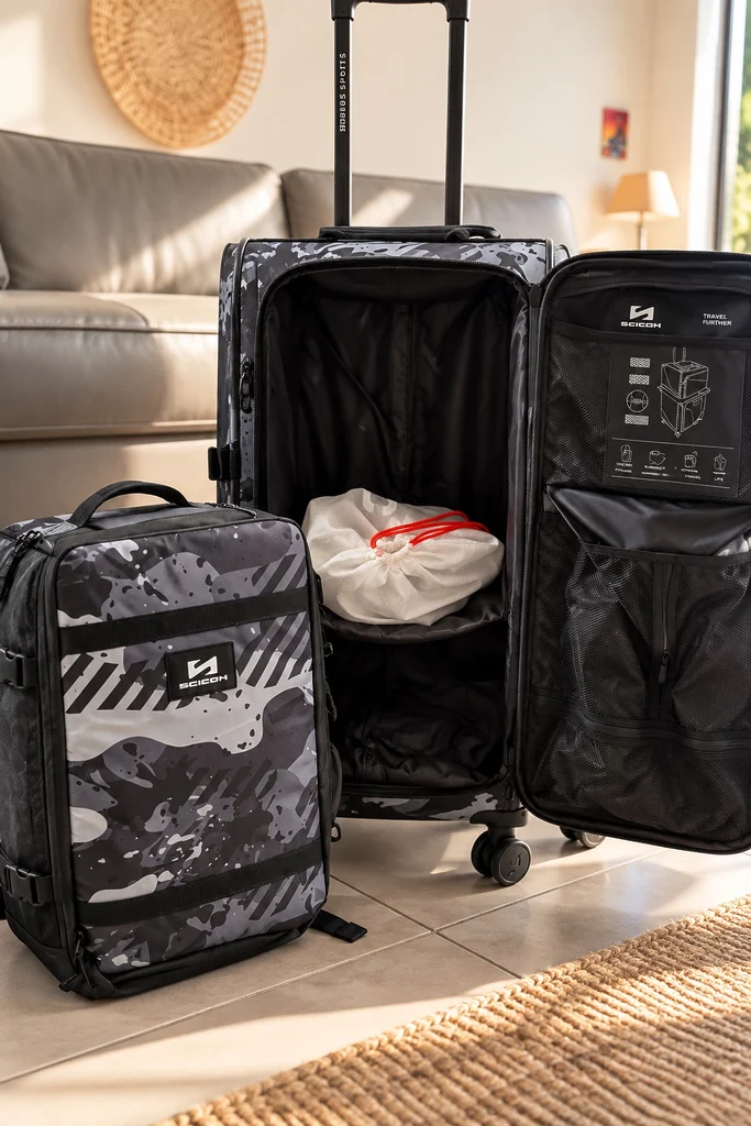 Scicon Luggage 80L 4WD ouverte, montrant son grand compartiment principal et ses rangements en filet, avec le Rain Pro 35L placé à côté.