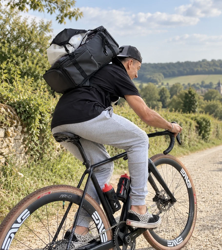 Scicon Backpack Rain Pro 35L porté à vélo sur un chemin gravel du Vexin. Le casque est fixé à l’extérieur grâce au système de portage dédié, ce qui permet de conserver entièrement disponible le volume intérieur du sac.