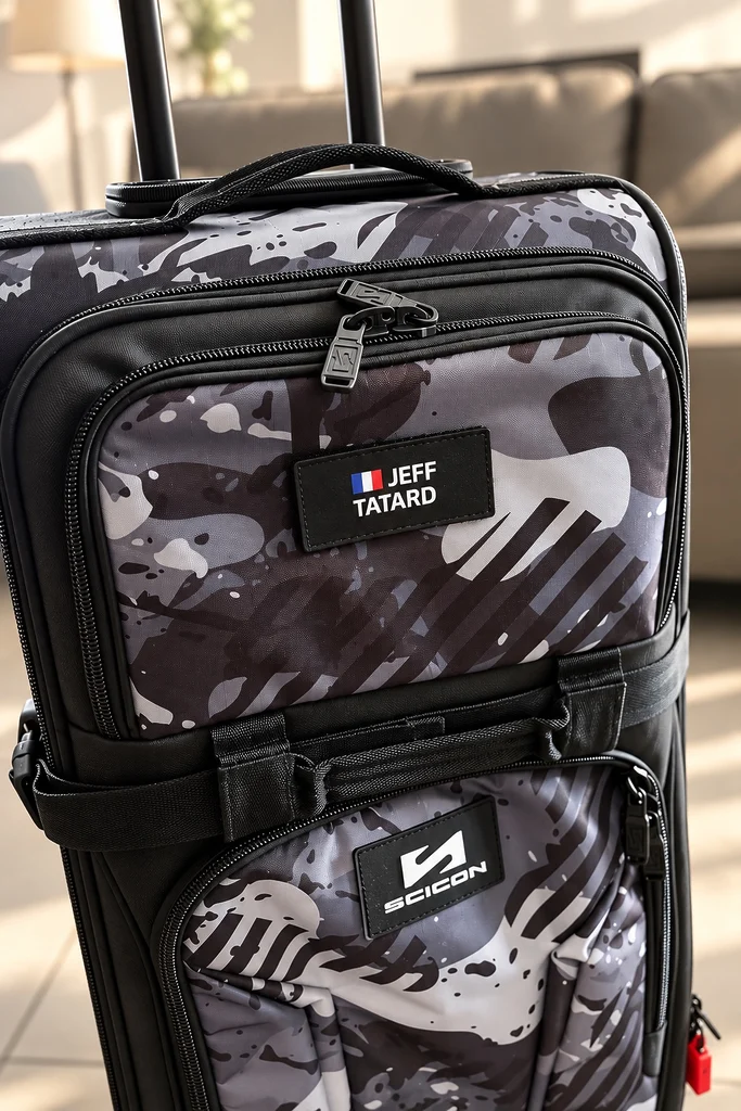 Détail du patch personnalisé TagMe sur la Scicon Luggage 80L 4WD, avec le nom Jeff Tatard et le drapeau français.