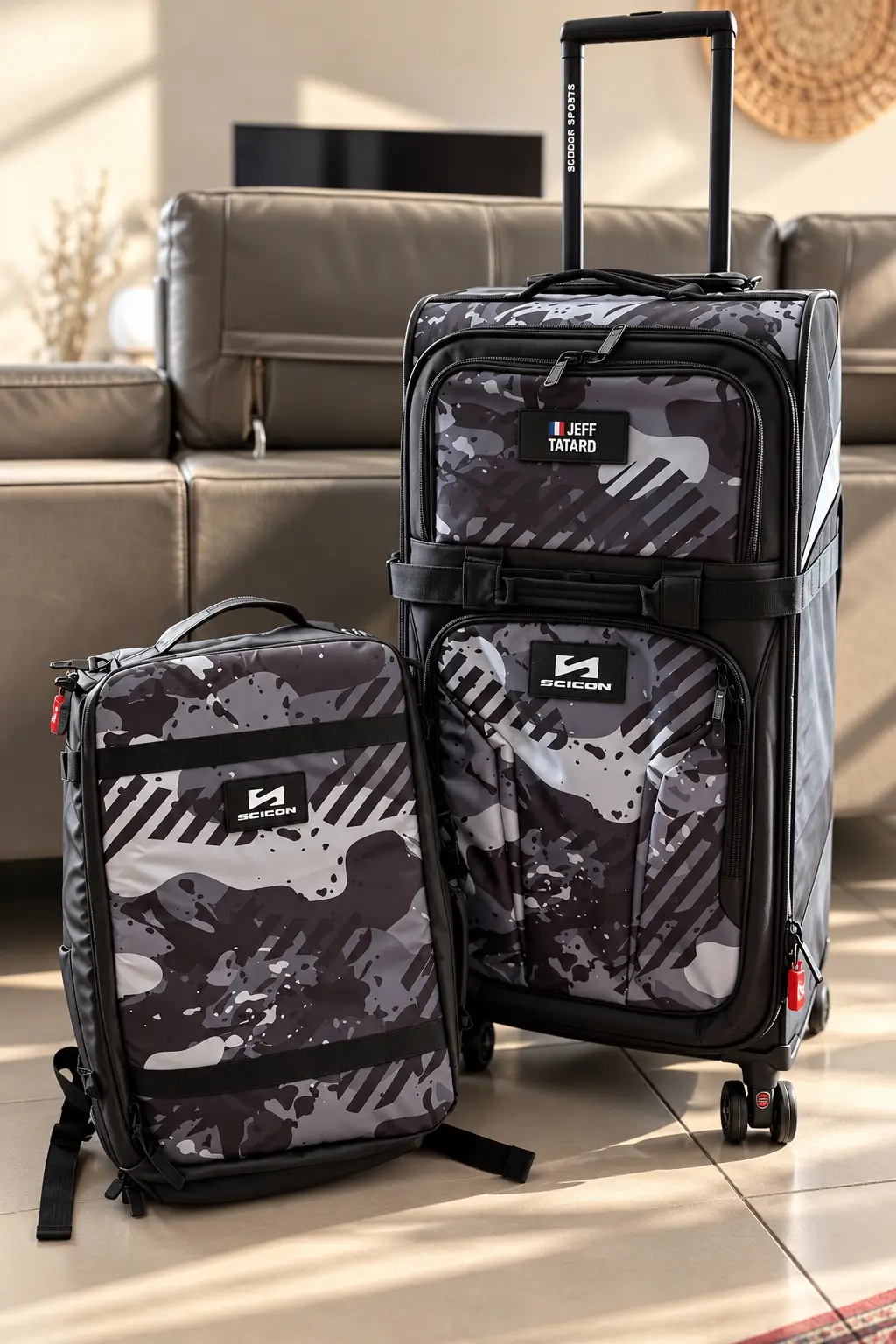Ensemble Scicon Grey Camo composé du Backpack Rain Pro 35L et de la Luggage 80L 4WD. La photo met en évidence la cohérence graphique entre les différents produits de la collection.