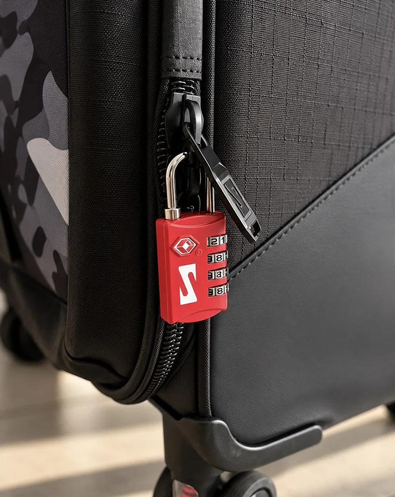 Cadenas TSA rouge Scicon installé sur les fermetures de la Luggage 80L 4WD. Accessoire Travel Sentry à combinaison destiné à sécuriser le bagage.