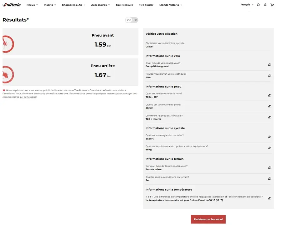 Capture du calculateur de pression Vittoria renseigné avec notre configuration en Terreno Pro T50 700x45C et ENVE AR40, pour des conditions sèches et un terrain mixte.