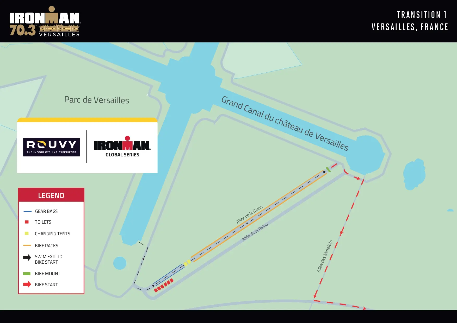 La zone de transition 1 T1 de l'Ironman 70.3 Versailles en 2026