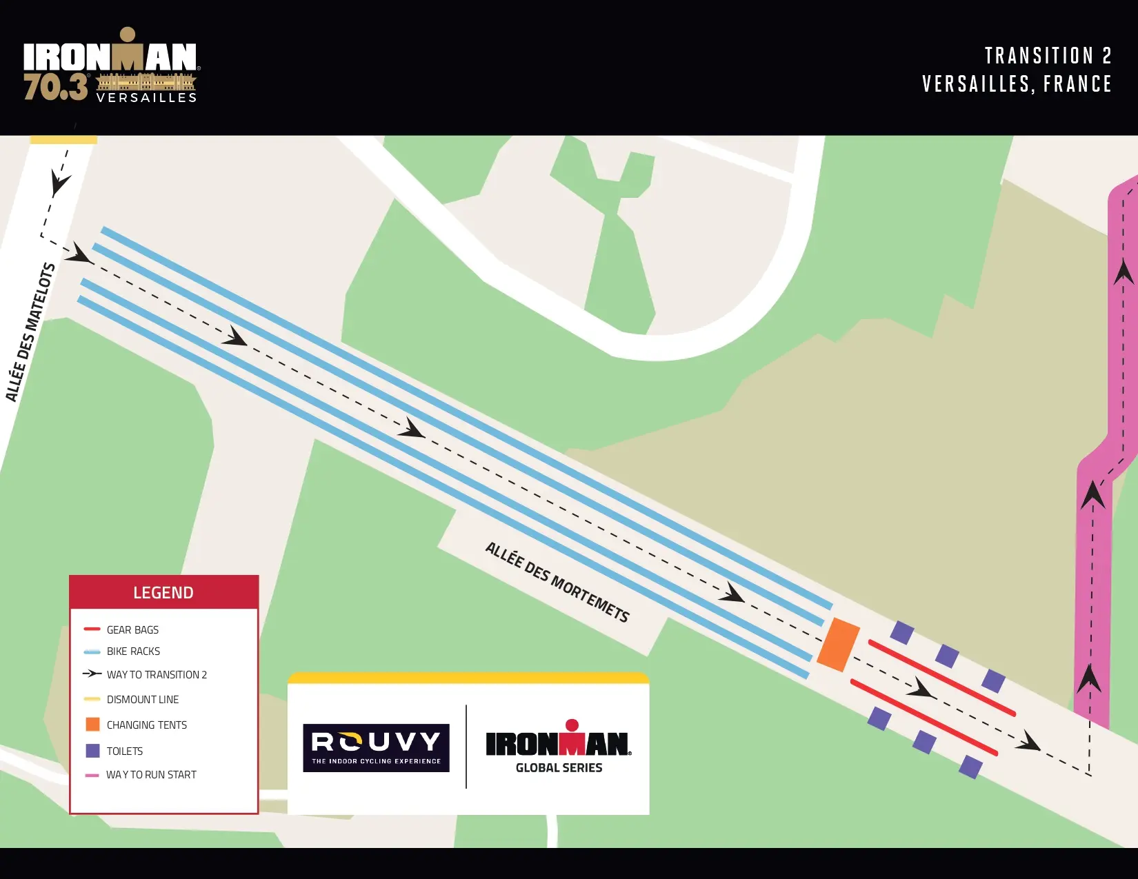 La zone de transition 2 T2 de l'Ironman 70.3 Versailles en 2026