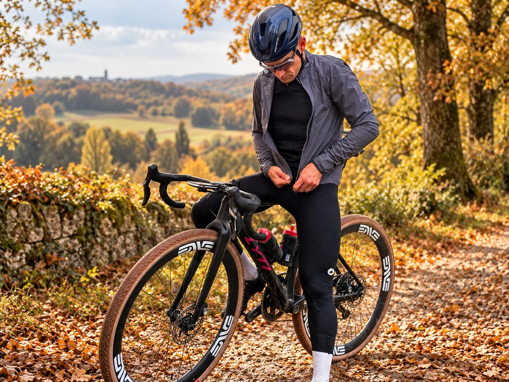 Jeff Tatard ajuste sa veste Castelli Transition Air Jacket sur son vélo gravel lors d'une sortie automnale.