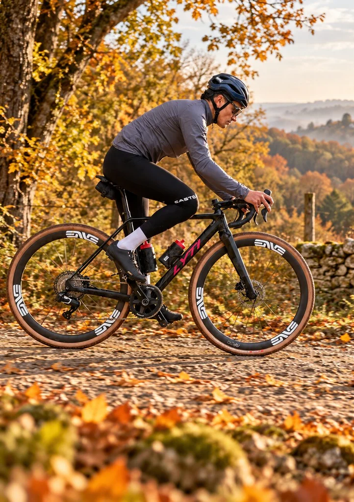 Jeff Tatard équipé de la tenue Castelli Transition avec veste Air Jacket et collant Espresso TRNSTN sur un chemin de gravel automnal.