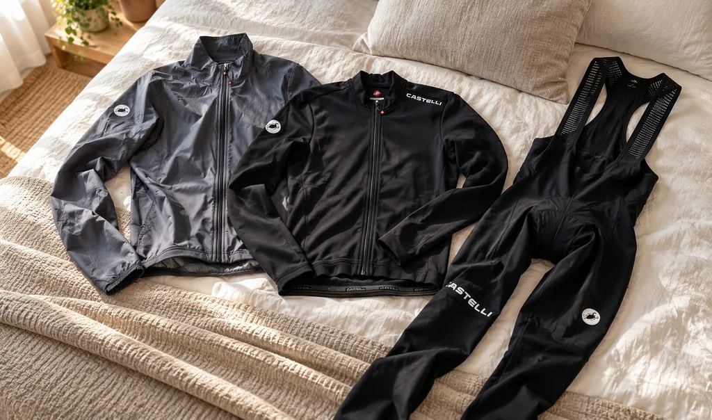 Ensemble Castelli Transition avec veste Air Jacket, maillot Espresso Thermal 2 et cuissard long TRNSTN pour le cyclisme en automne.