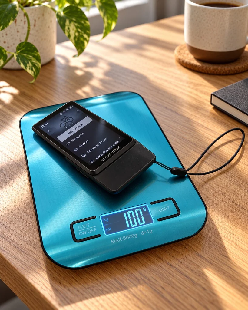 Le COROS DURA 2 Solar affiche 100 g sur notre balance, avec son cordon de sécurité. Un compteur GPS ultraléger qui mise sur une autonomie exceptionnelle et la recharge solaire.