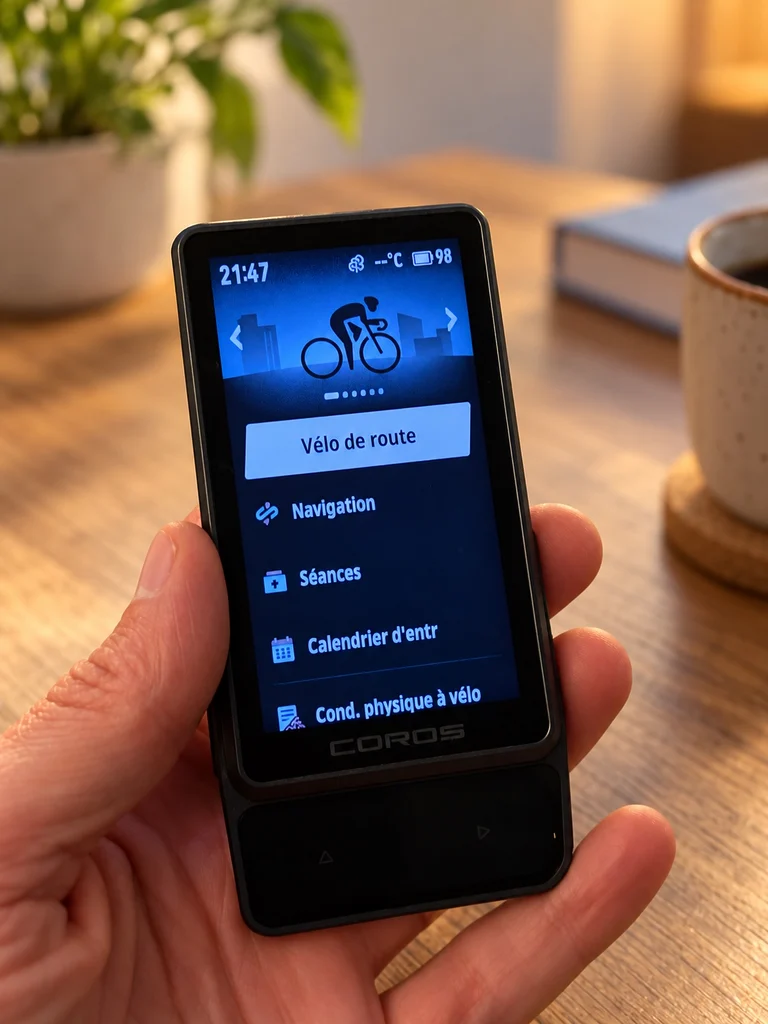 Interface principale en français du COROS DURA 2 Solar avec les menus vélo de route, navigation et entraînement.