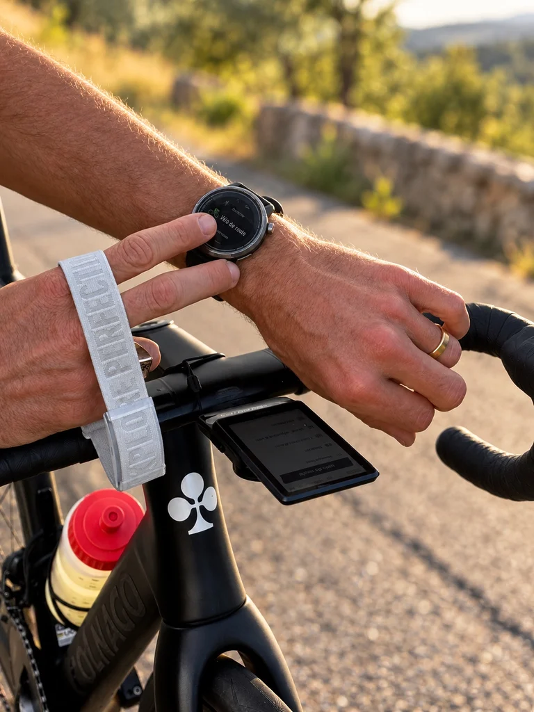Montre Decathlon GPS 900 by COROS utilisée avec l'écosystème COROS sur un vélo Colnago.