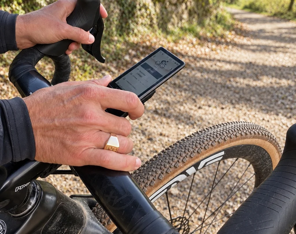 COROS DURA 2 Solar utilisé en gravel sur un chemin forestier avec son interface de navigation.