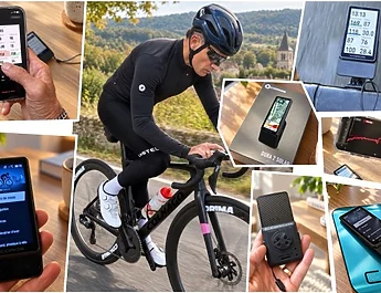 Un cycliste sur route, des mains manipulant un compteur COROS et son application mobile.