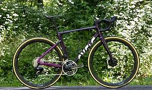 Vélo de route violet avec des roues à profil en carbone garé devant un feuillage vert.