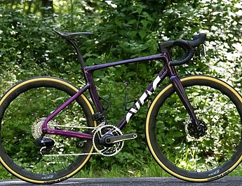 Vélo de route violet avec des roues à profil en carbone garé devant un feuillage vert.