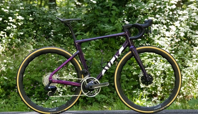 Vélo de route violet avec des roues à profil en carbone garé devant un feuillage vert.