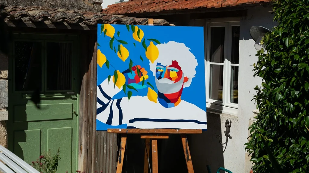 Grande peinture de Mathilde AT représentant un homme aux cheveux blancs et à la barbe blanche, entouré de citrons jaunes sur un fond bleu, exposée sur un chevalet.