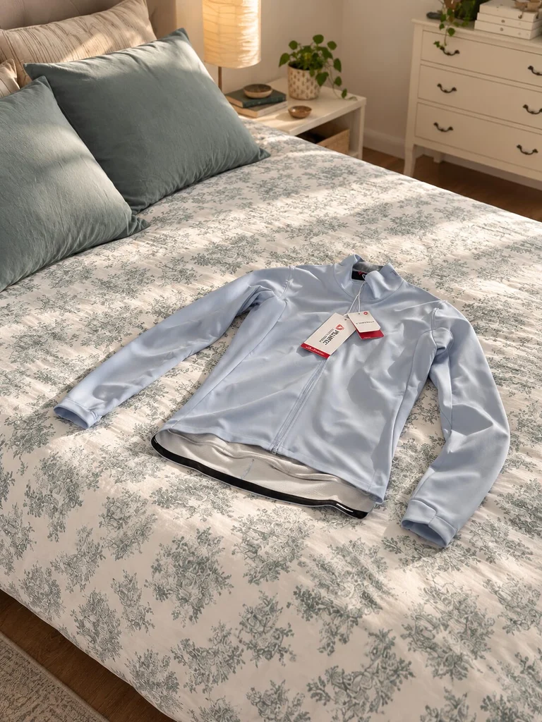Castelli Perfetto 4 Steel Fade posée sur un lit avant son premier essai, veste cycliste thermique équipée de la membrane Polartec AirCore.